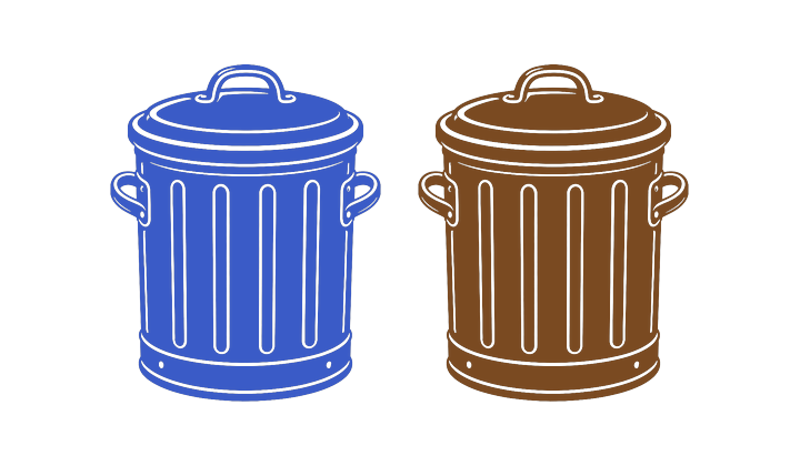 Two dustbins at the kerb: blue for every street this week, brown for 3B streets only