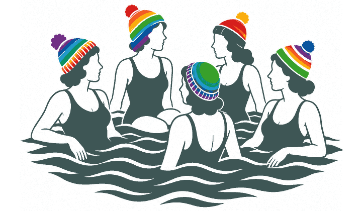 Silhouette of a group of sea swimmers in woolly hats