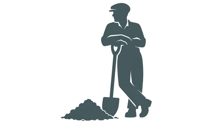Silhouette of a road worker leaning on a shovel
